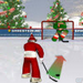 Santa's getting in shape for christmas by playing ice hockey against the elf goalie.